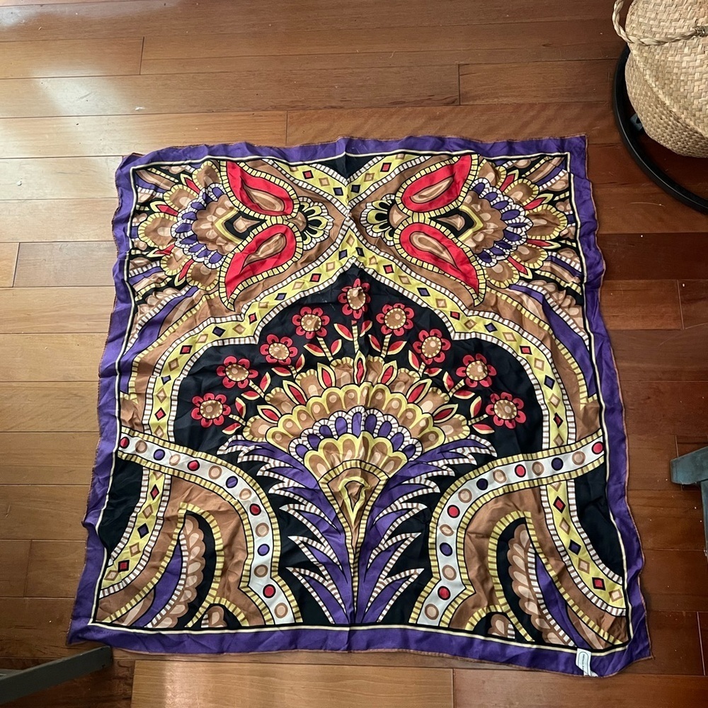Adrienne Vittadini Purple 100% Silk Scarf. Red, black purple pattern.